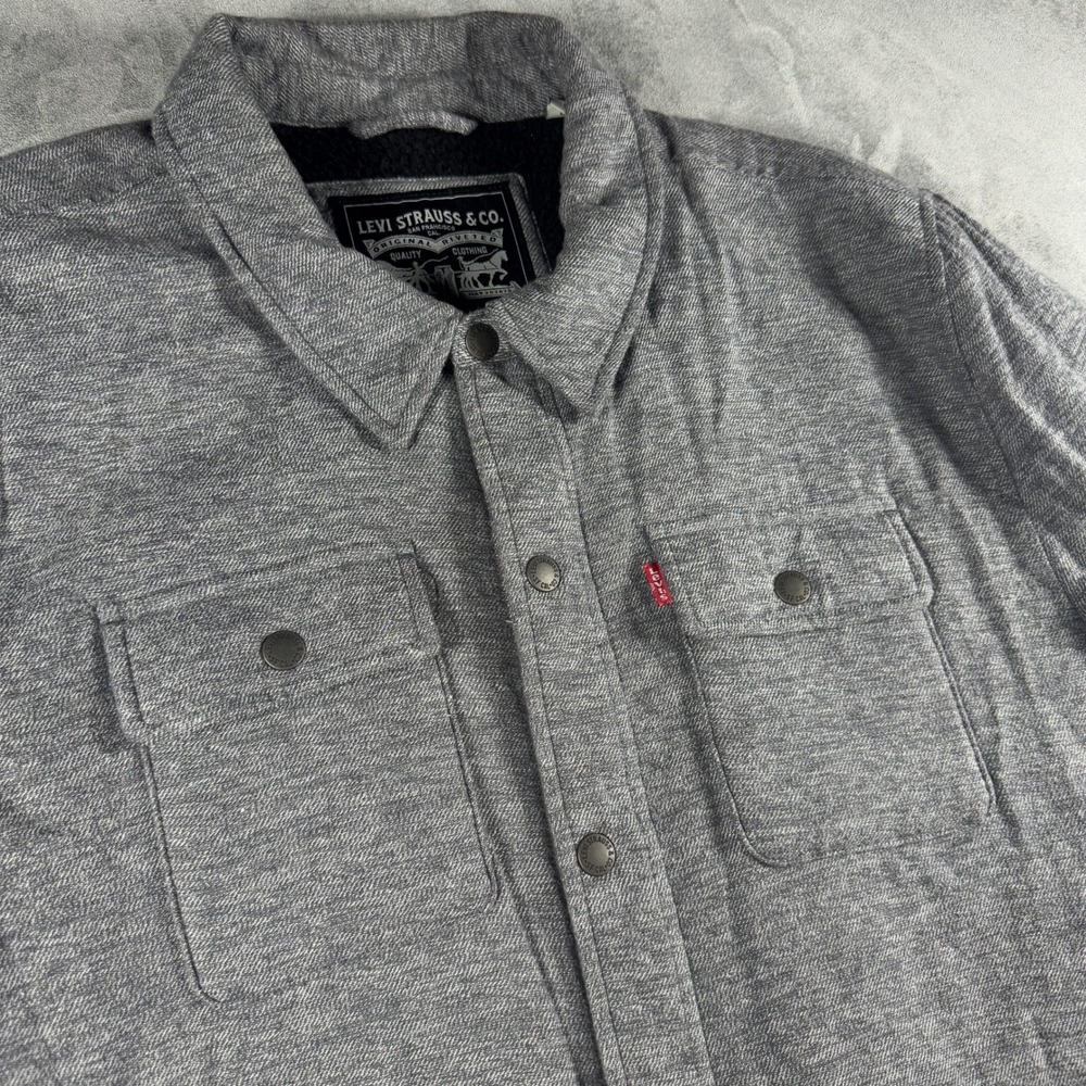 Levis Mens Sherpa Lined Shirt Jacket Grey Snap Front Workwear Shacket Large
